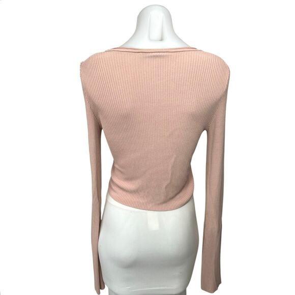 Zara Pink Ribbed Knit Button Down Long Sleeve Crop Cardigan Sweater Top Size S - Picture 2 of 4